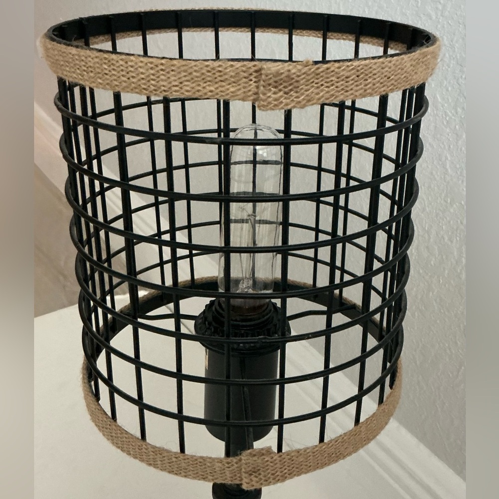 Farmhouse 20"H Black & Brown Metal and Burlap Cage Table Lamp - Picture 5 of 14
